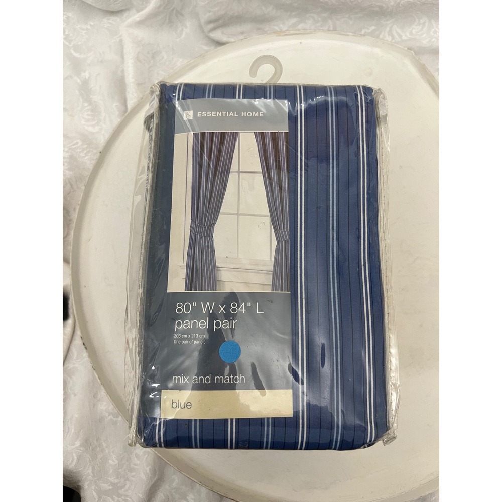 Essential Home Blue White Striped Curtain Panel Pair 80 x 84 Cotton Blend New